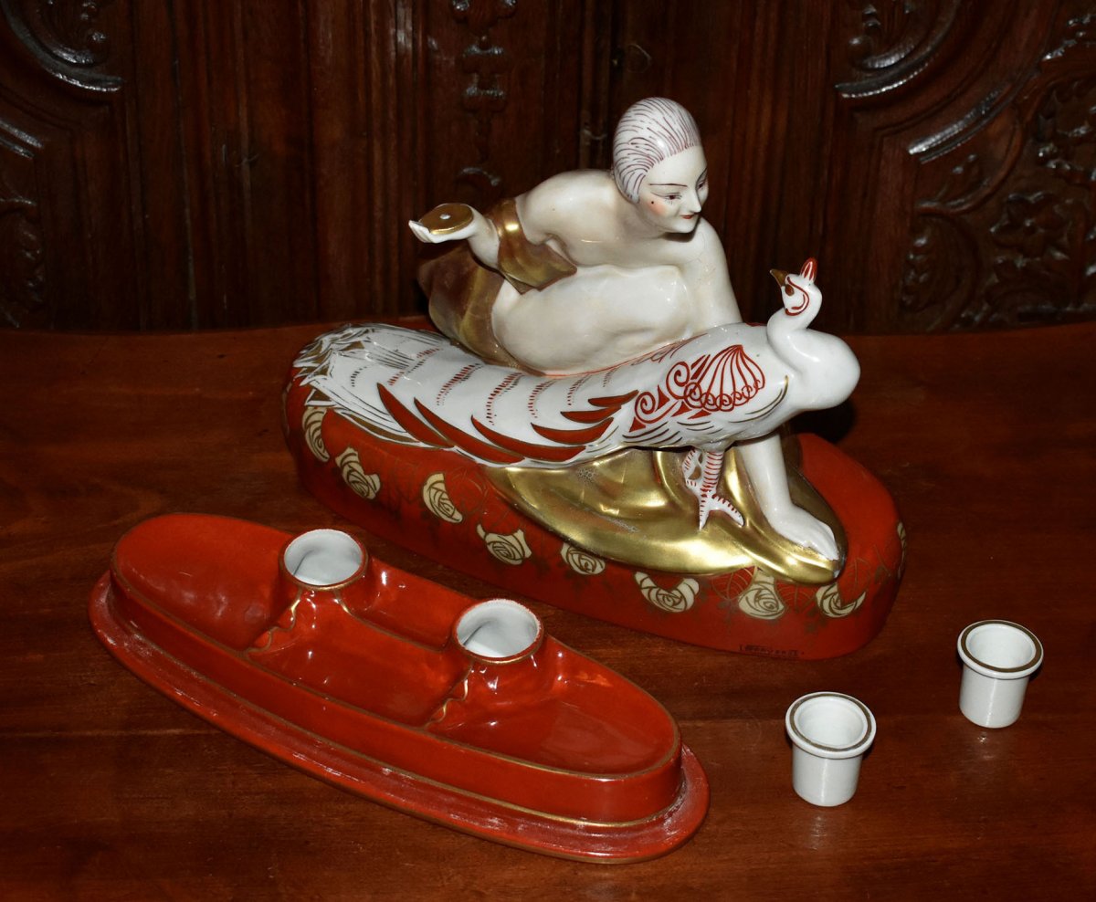 Pierre Traverse For Aladdin Luxe, Art Deco Porcelain Inkwell, Woman With Peacock.-photo-3
