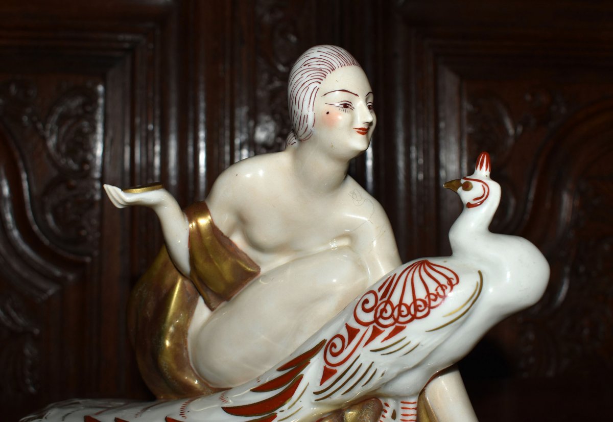 Pierre Traverse For Aladdin Luxe, Art Deco Porcelain Inkwell, Woman With Peacock.-photo-4