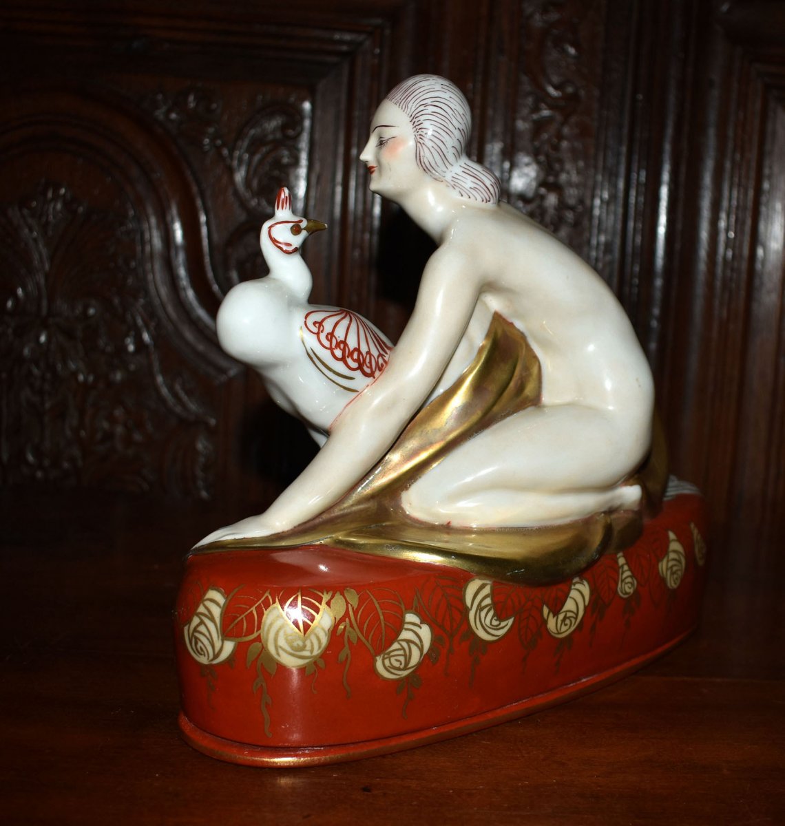 Pierre Traverse For Aladdin Luxe, Art Deco Porcelain Inkwell, Woman With Peacock.-photo-1