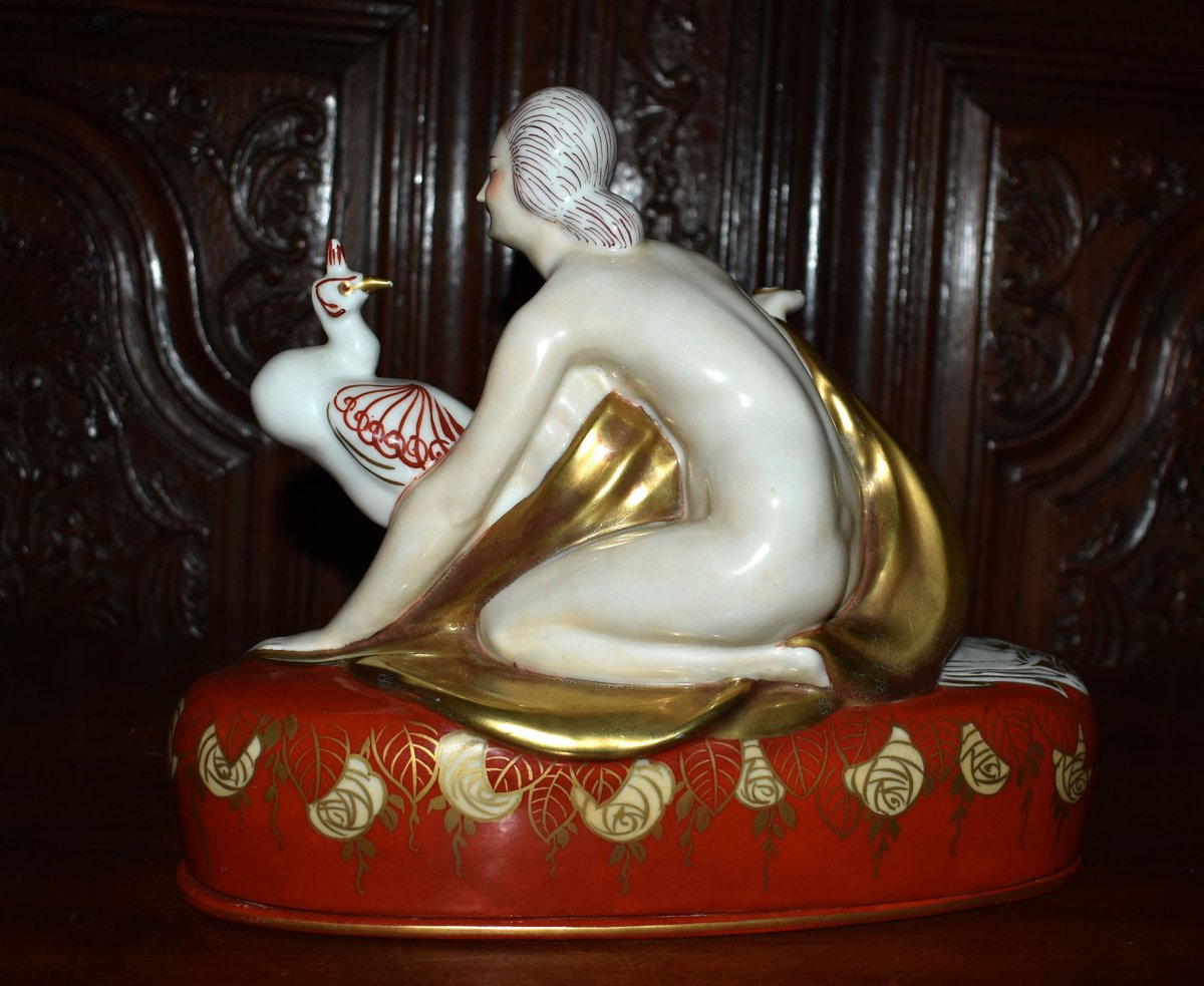 Pierre Traverse For Aladdin Luxe, Art Deco Porcelain Inkwell, Woman With Peacock.-photo-2