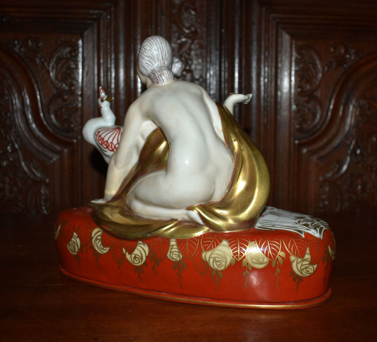 Pierre Traverse For Aladdin Luxe, Art Deco Porcelain Inkwell, Woman With Peacock.-photo-3