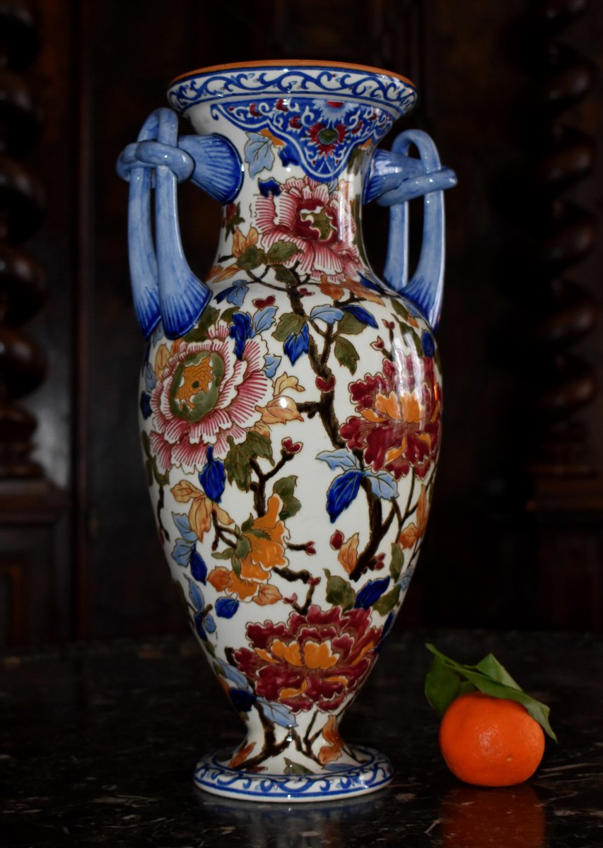 Large Gien Earthenware Vase, Floral Decor With Peonies Period 1938.-photo-2