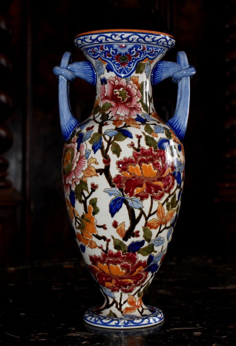 Large Gien Earthenware Vase, Floral Decor With Peonies Period 1938.-photo-3