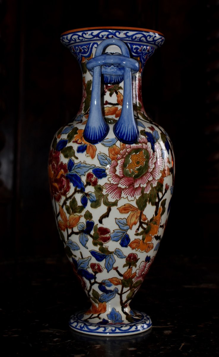 Large Gien Earthenware Vase, Floral Decor With Peonies Period 1938.-photo-4