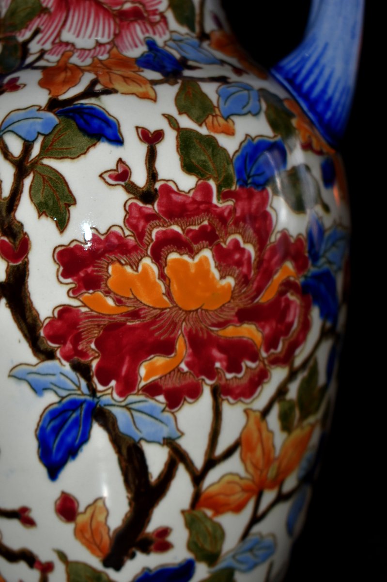 Large Gien Earthenware Vase, Floral Decor With Peonies Period 1938.-photo-2