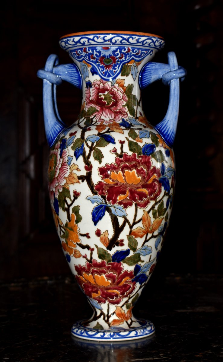 Large Gien Earthenware Vase, Floral Decor With Peonies Period 1938.-photo-8