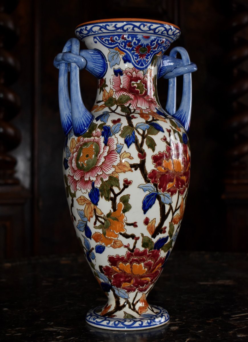 Large Gien Earthenware Vase, Floral Decor With Peonies Period 1938.