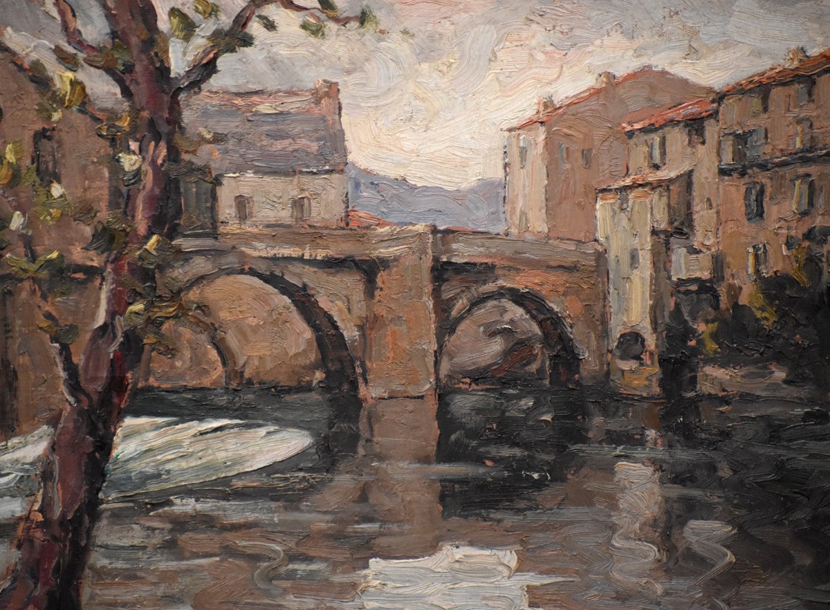 Marcel Azema - Billa (1904-1999) Landscape Millau, View From The Old Bridge. Oil On Canvas Framed.-photo-4