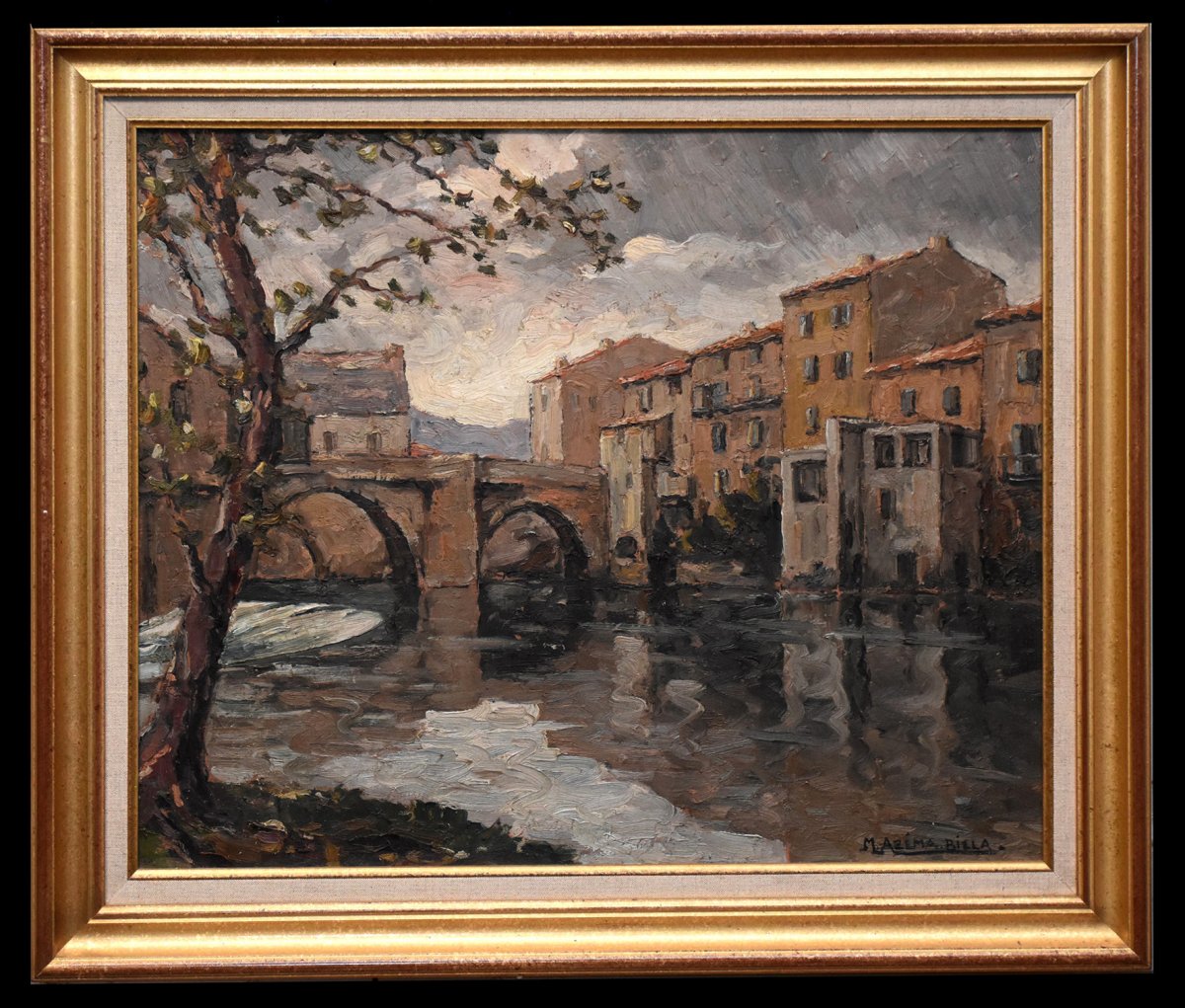 Marcel Azema - Billa (1904-1999) Landscape Millau, View From The Old Bridge. Oil On Canvas Framed.