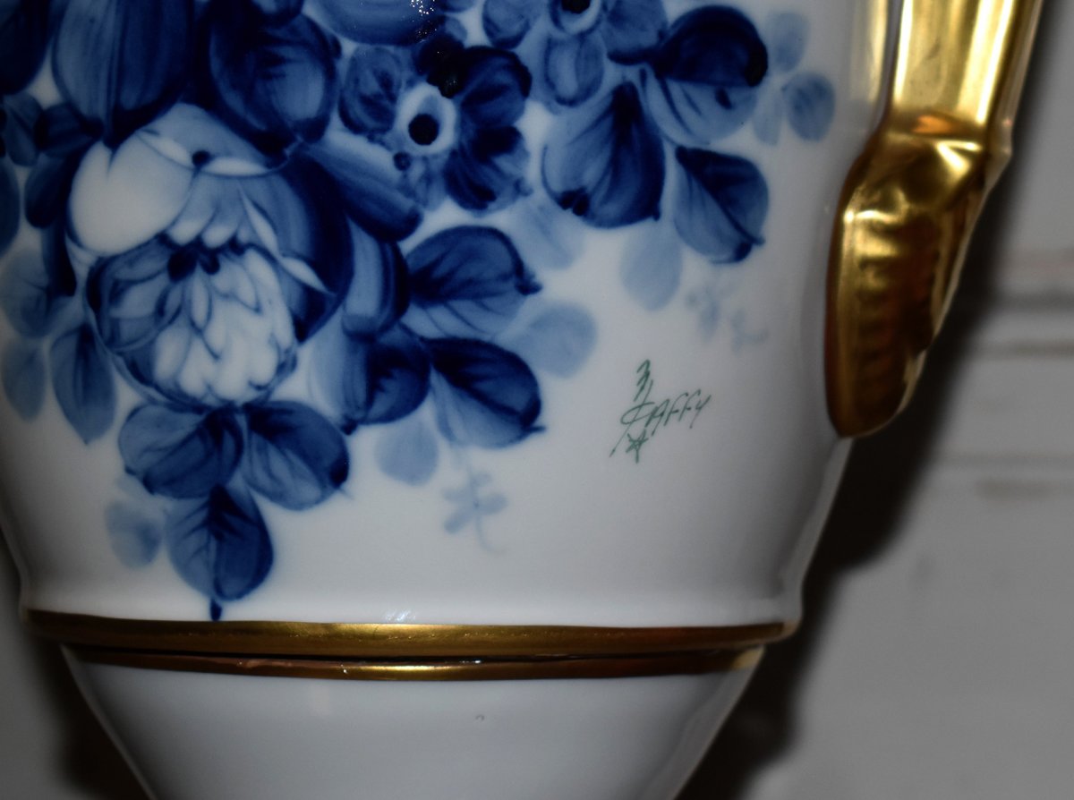 Importante Lampe En Porcelaine De Limoges, Camaïeu De Bleu Et Or Fin, Décor Floral Peint Main -photo-3