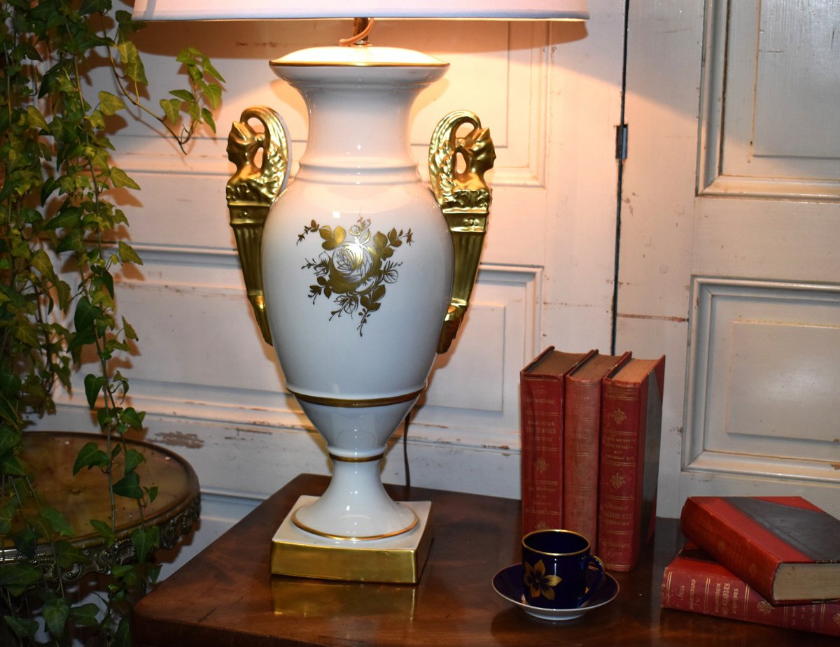 Importante Lampe En Porcelaine De Limoges, Camaïeu De Bleu Et Or Fin, Décor Floral Peint Main -photo-5