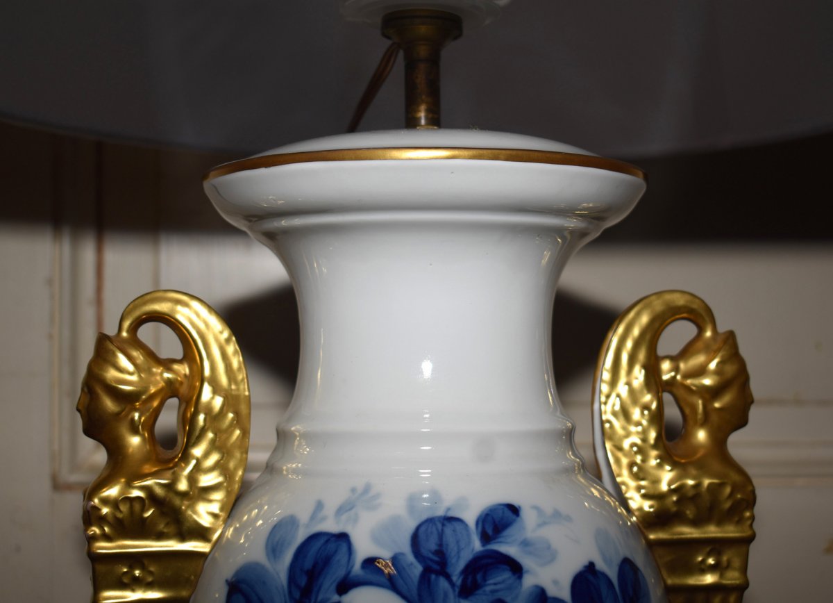 Importante Lampe En Porcelaine De Limoges, Camaïeu De Bleu Et Or Fin, Décor Floral Peint Main -photo-6
