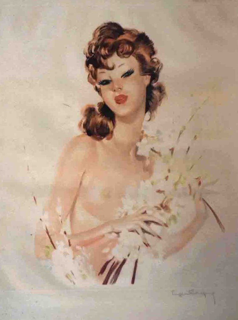 Elégante d'Eugène Leliepvre. Pour "l'élégance nue" Grande  Lithographie encadrée femme au bouquet de fleurs.-photo-5