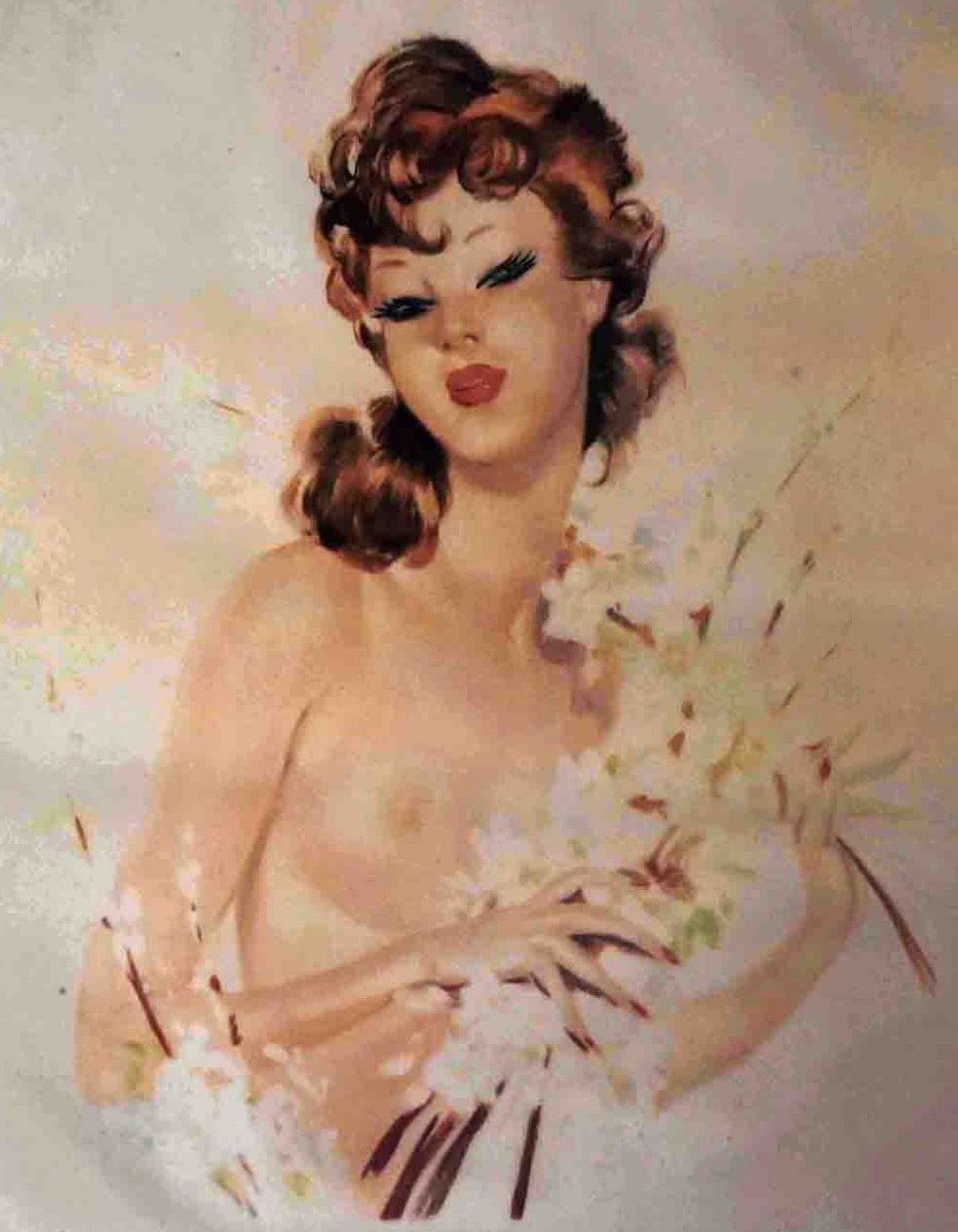 Elégante d'Eugène Leliepvre. Pour "l'élégance nue" Grande  Lithographie encadrée femme au bouquet de fleurs.