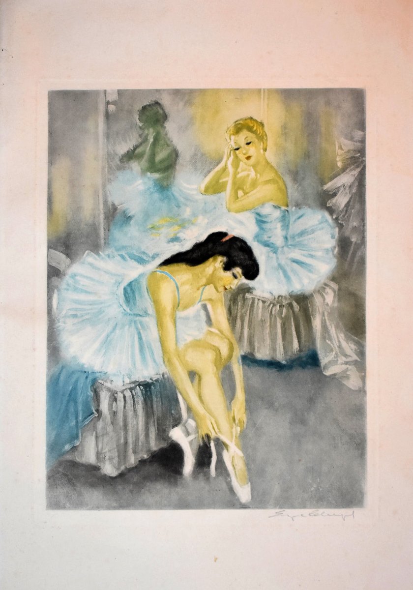 Eugène Leliepvre, Danseuses Classiques, Jeunes Femmes Se Préparant Pour Ballet Classique. Lithographie signée.-photo-2