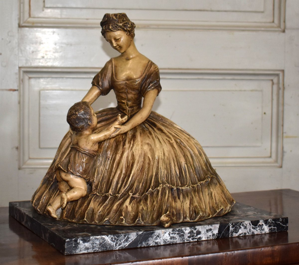 Terracotta Group, Woman And Child Statue, Maternity, By Berly.-photo-1