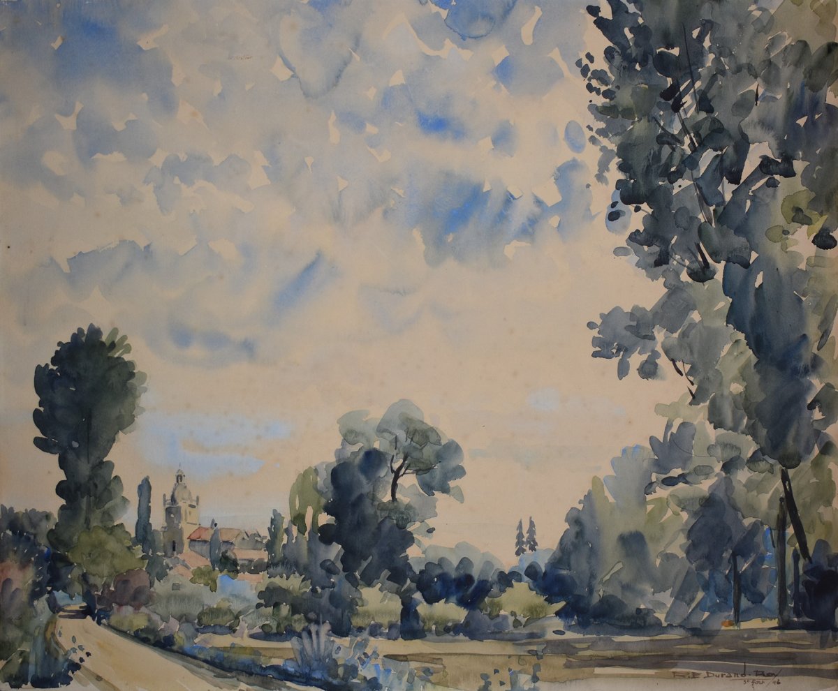 René Emile Durand - Roy (1894-1970) Watercolor From Saint-fort-sur-gironde, Saint Fortunat Church-photo-4