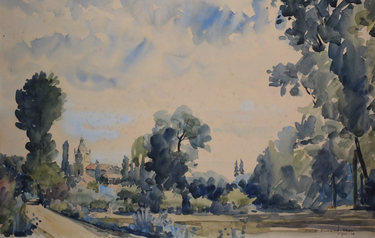 René Emile Durand - Roy (1894-1970) Watercolor From Saint-fort-sur-gironde, Saint Fortunat Church-photo-3