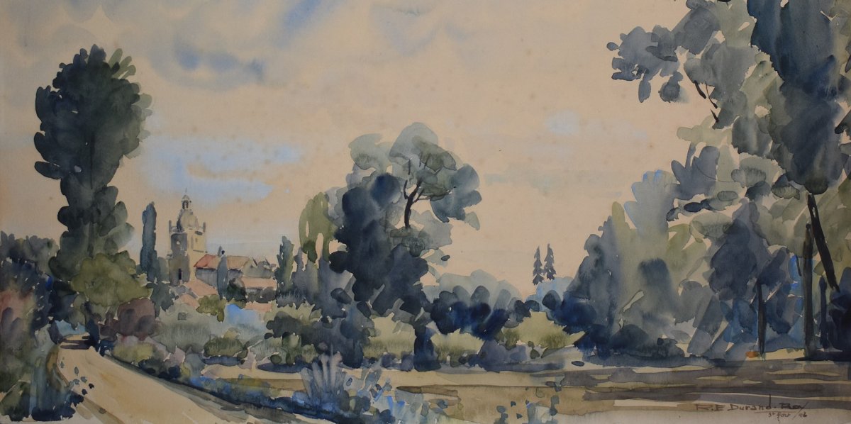 René Emile Durand - Roy (1894-1970) Watercolor From Saint-fort-sur-gironde, Saint Fortunat Church-photo-8