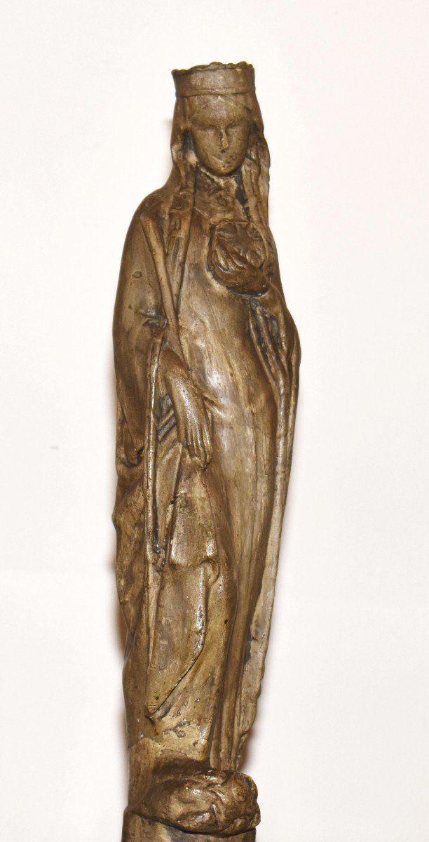 Statue Religieuse En Plâtre Patiné , Vierge à La Croix.-photo-2