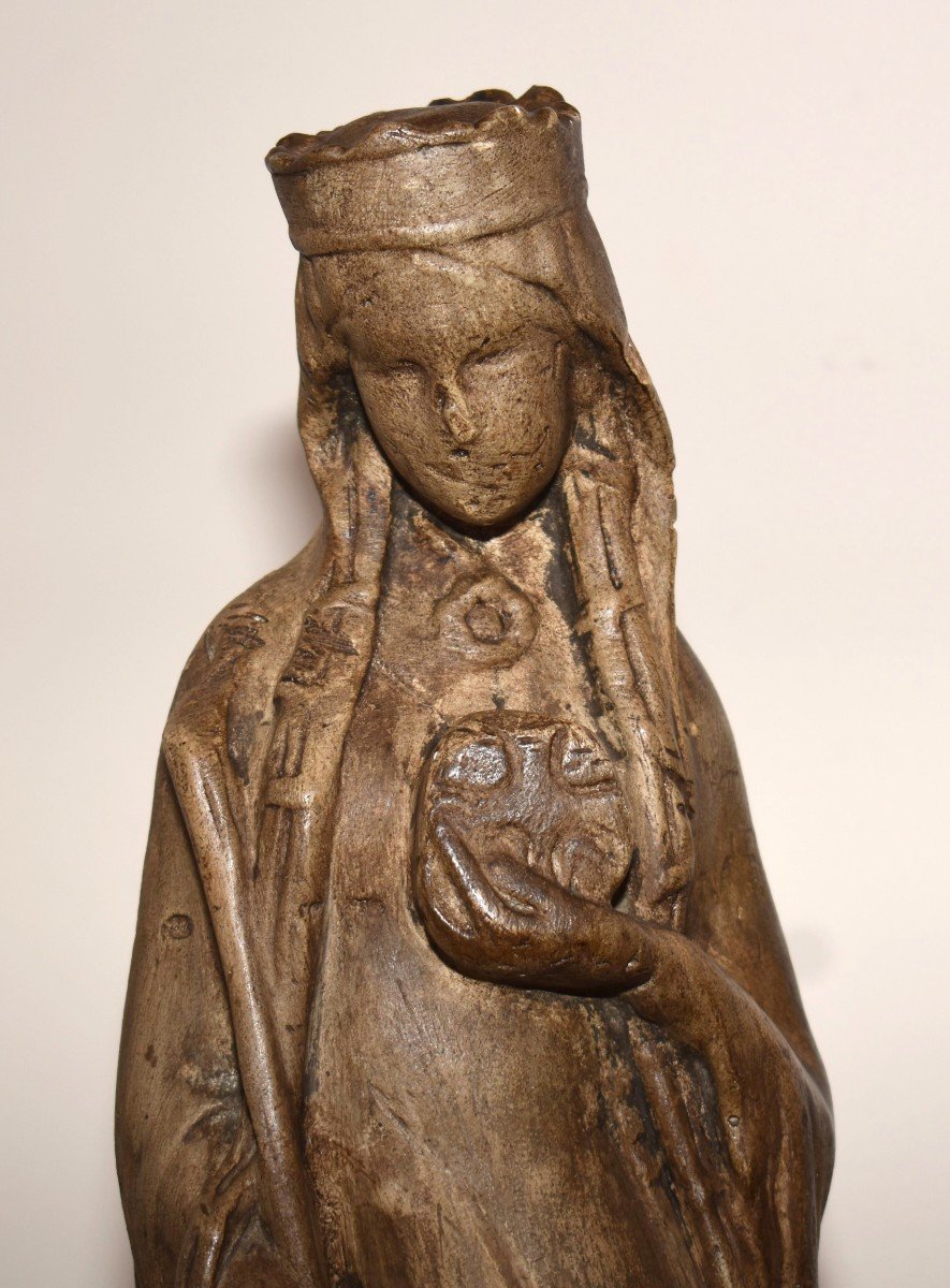 Statue Religieuse En Plâtre Patiné , Vierge à La Croix.-photo-3