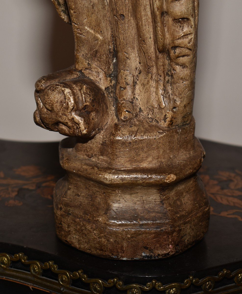 Statue Religieuse En Plâtre Patiné , Vierge à La Croix.-photo-7