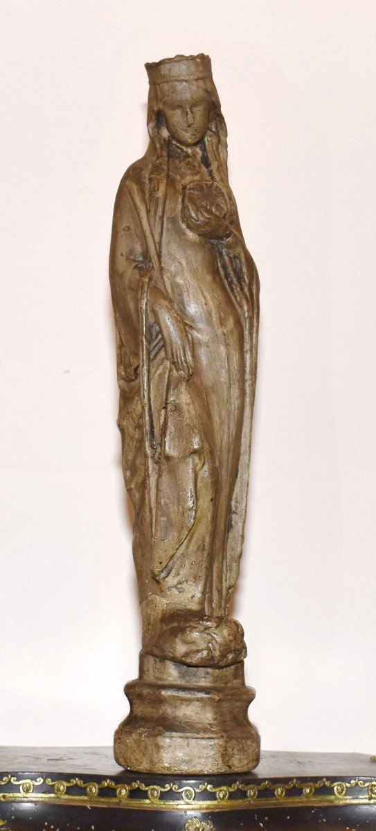 Statue Religieuse En Plâtre Patiné , Vierge à La Croix.