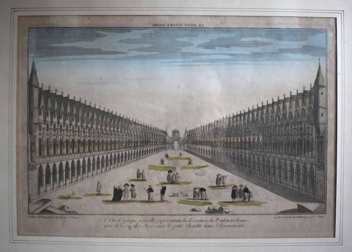 Vue Optique Encadrée, Gravure XVIIIème, Grabriel Huquier Fils (1730-1805); Pont Notre Dame, Le Petit Chatelet. vers 1760.-photo-4