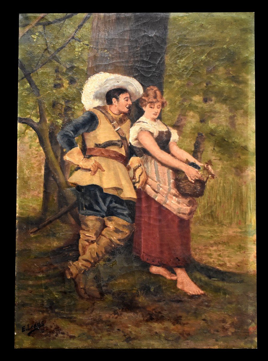 E. Leduc The Musketeer And The Young Peasant Woman, Gallant Scene, Oil On Canvas.