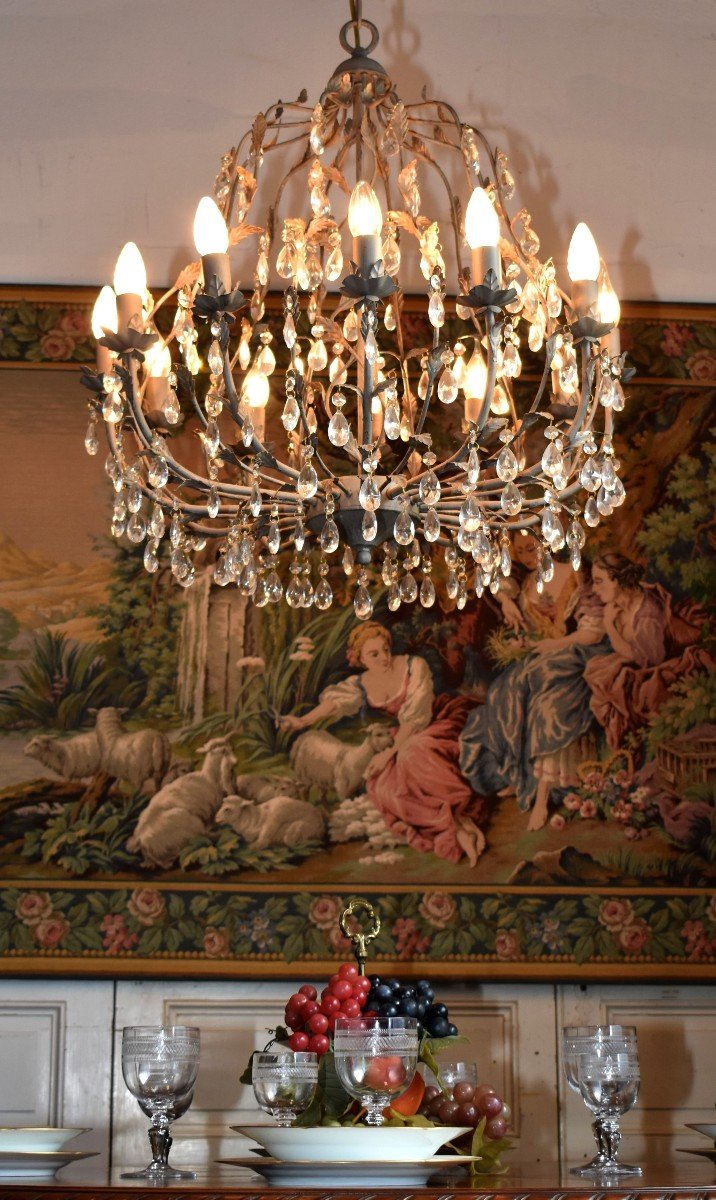 Cage Chandelier With Tassels In The Taste Of Maison Baguès With 12 Arms Of Lights.