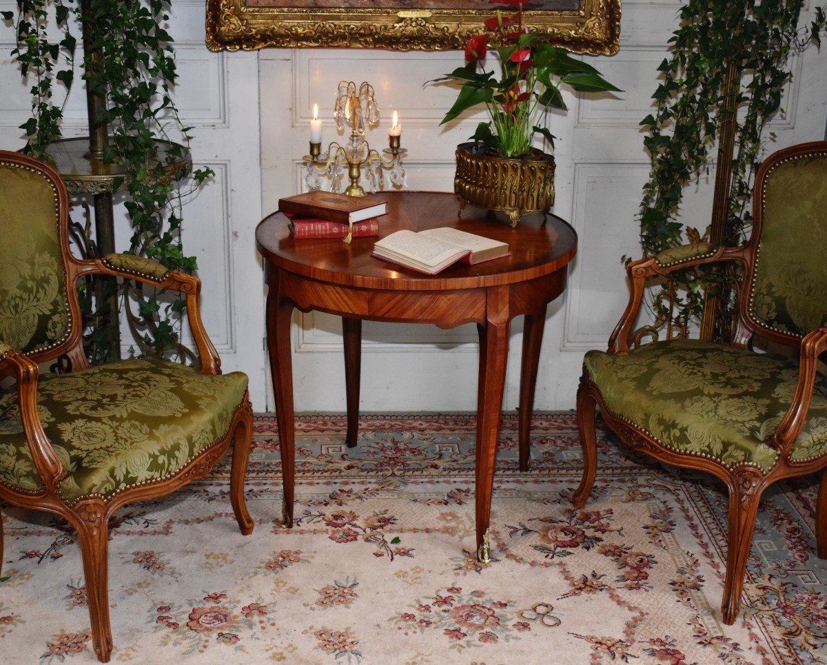 Salon Pedestal In Marquetry Of Sun, Middle Coffee Table. Louis XV Style.-photo-2