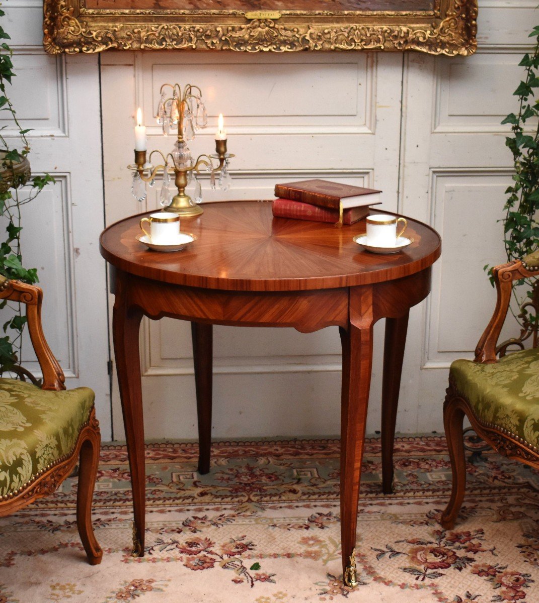 Salon Pedestal In Marquetry Of Sun, Middle Coffee Table. Louis XV Style.
