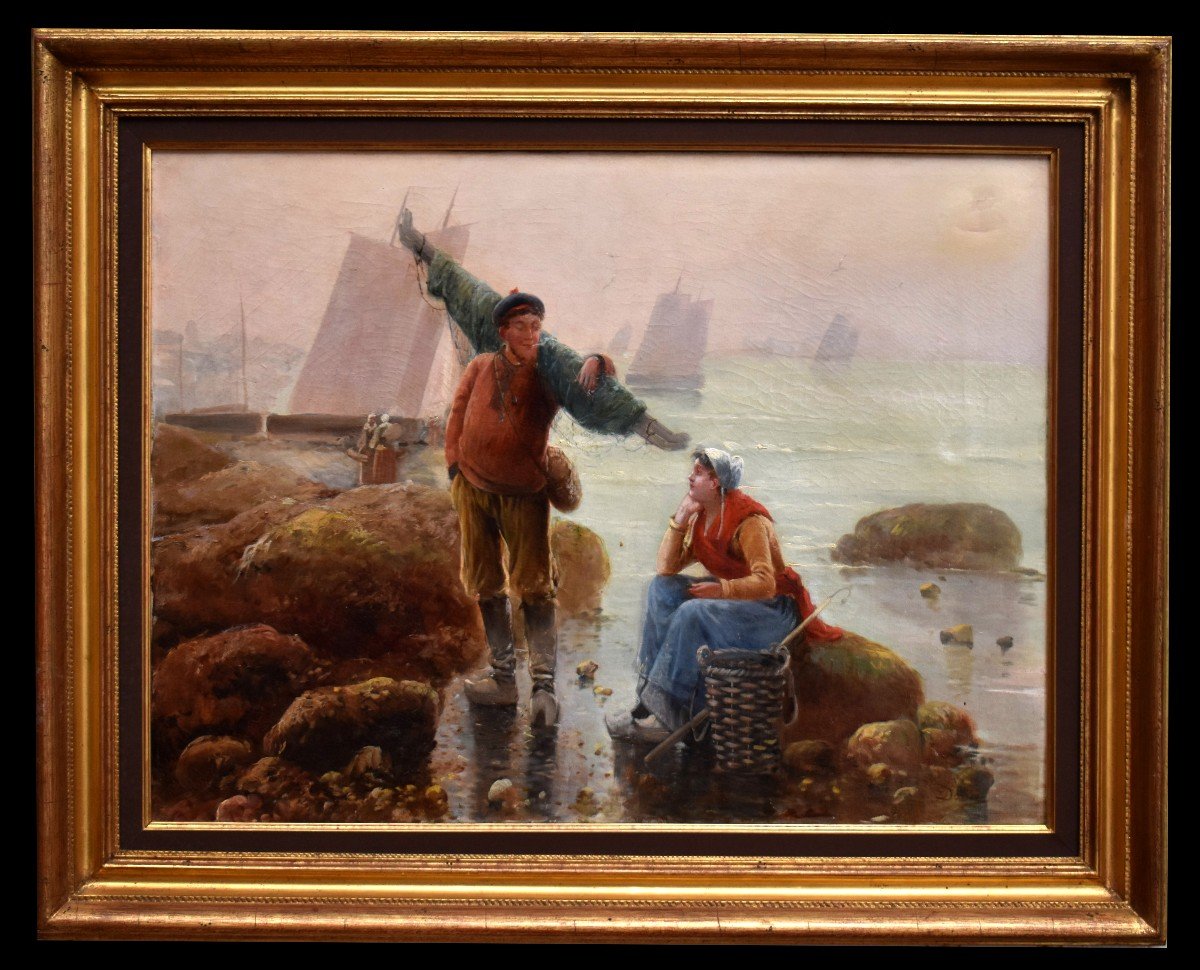 Teresa Durazzo Doria (1805-1895) Pair Of Paintings Scenes Of Fishing At Low Tide.-photo-3