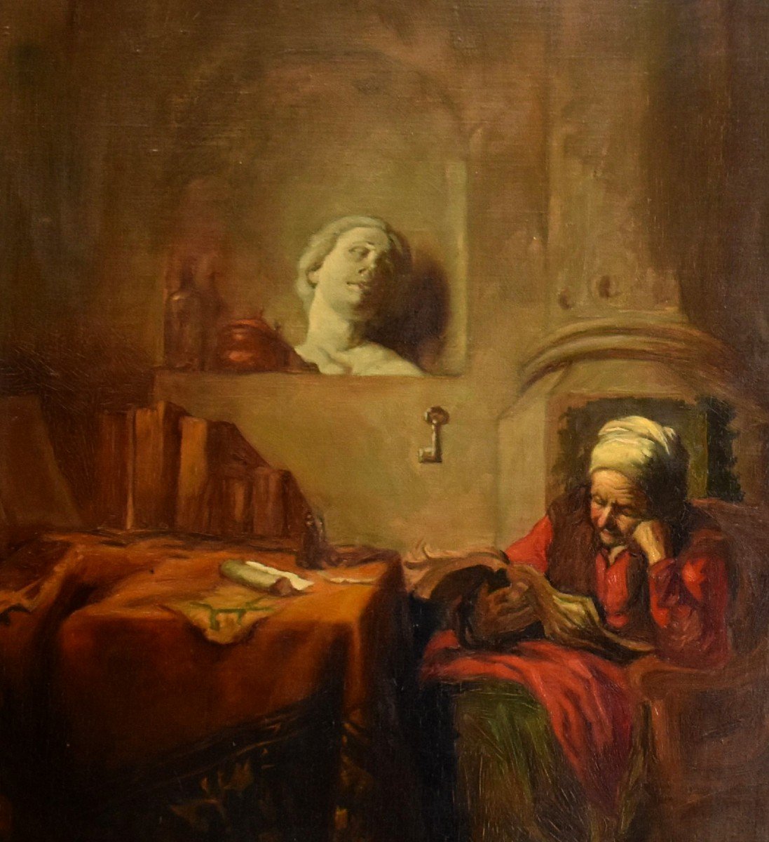 Ecole Du Nord From The 19th Century, Old Woman Reading In Her Interior.-photo-4