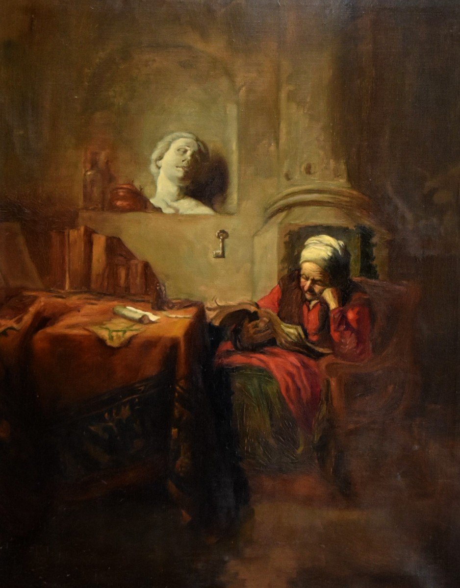 Ecole Du Nord From The 19th Century, Old Woman Reading In Her Interior.