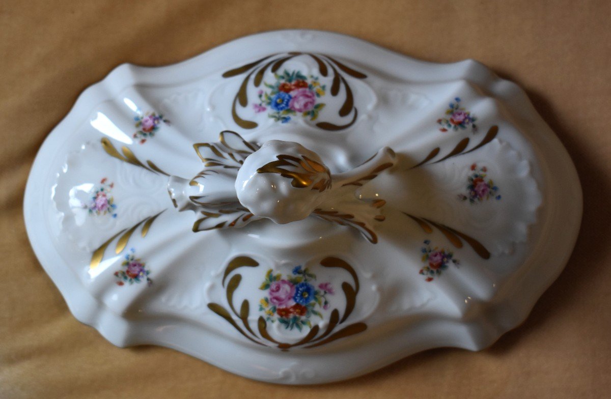 Grande Soupière Et Son Plat Dormant En Porcelaine De Limoges, Décor Floral.-photo-6