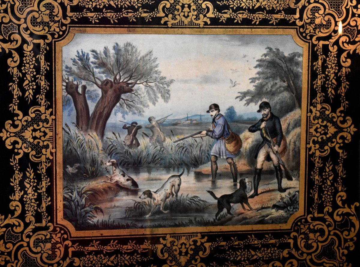 Pair Of Enhanced Lithographs, Pastoral Scene, Hunting Engraving, Nineteenth.-photo-2