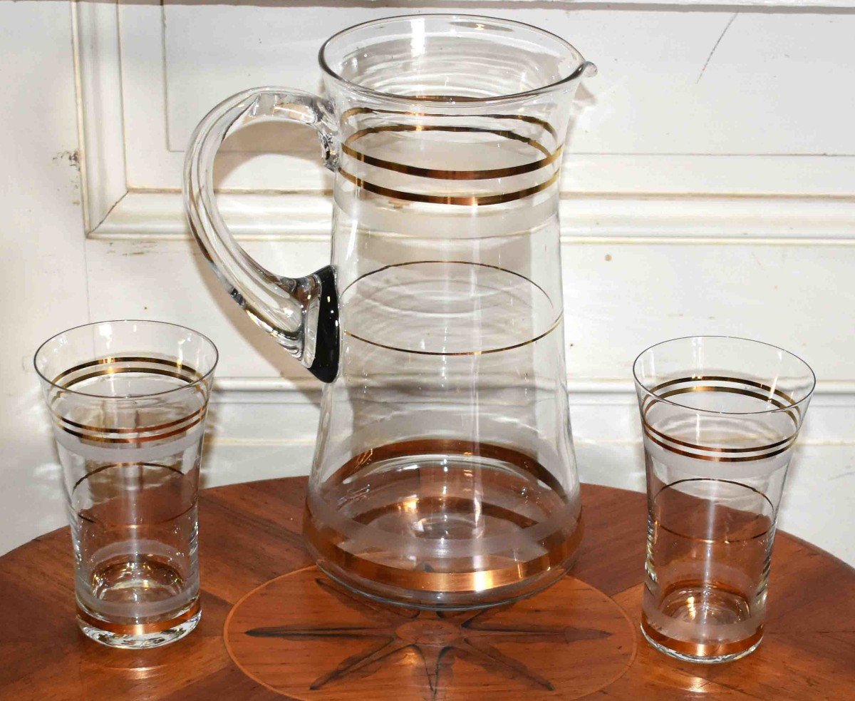 Orangeade Service, Vintage Glasses And Pitchers Decor Golden Fillets. 1950s - 1970s-photo-3