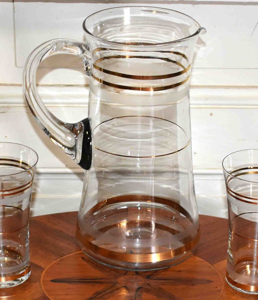 Orangeade Service, Vintage Glasses And Pitchers Decor Golden Fillets. 1950s - 1970s-photo-1