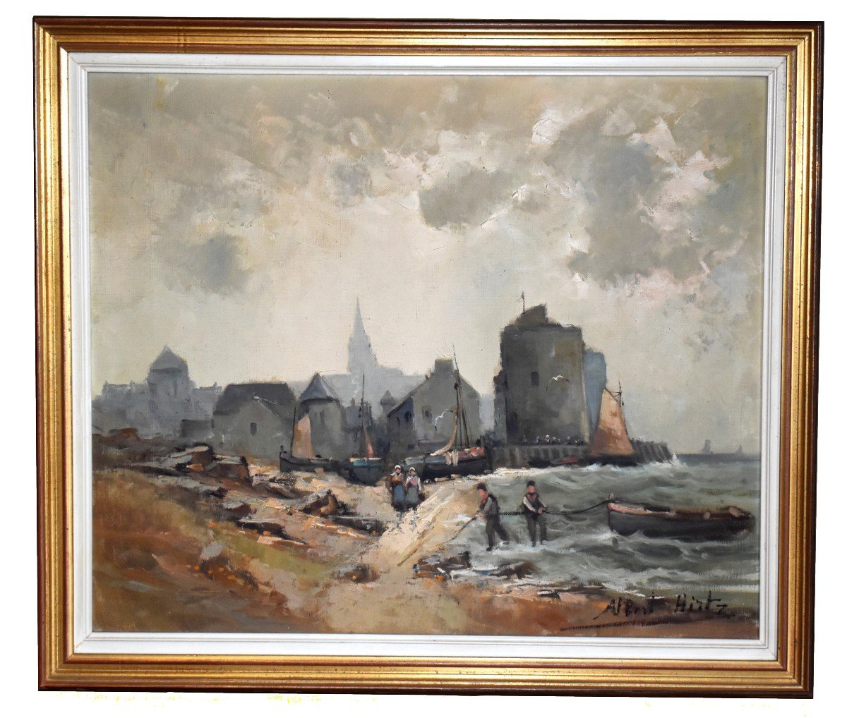 Albert Hirtz. Ecole Bretonne, Marine, Retour De Pêche Petit Village De Bord De Mer, Scène De Port en Bretagne.