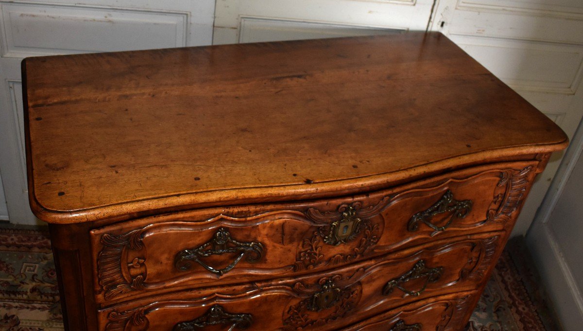 Lyonnaise Louis XV Commode In Solid Walnut, XVIIIth Commode From The Rhone Valley Curved Facade.-photo-7