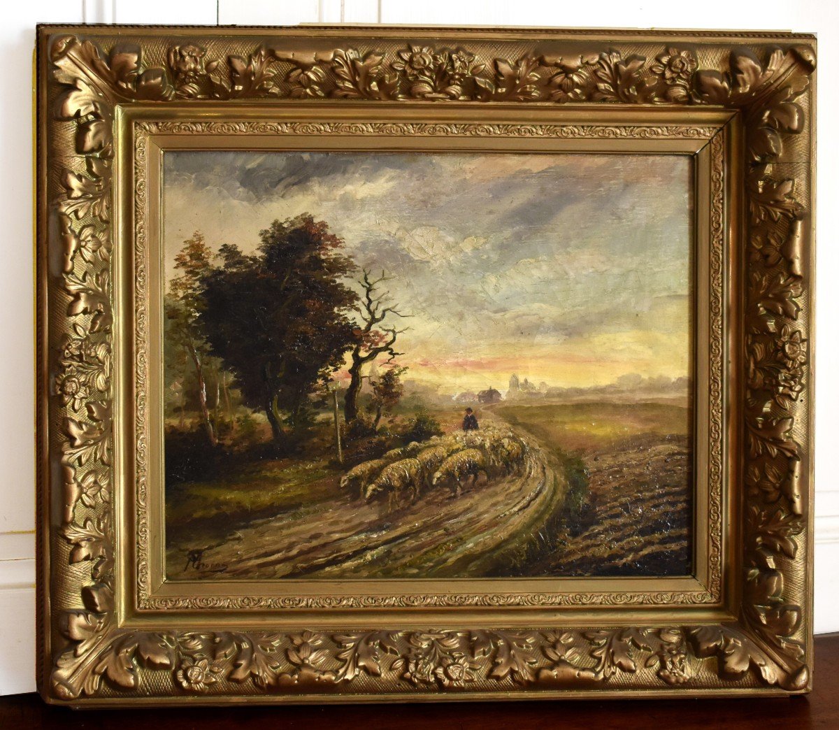 Ecole Fran&ccedil;aise Du XIXe; Sc&egrave;ne Pastorale, Berger Et Ses Moutons Sur Chemin De Campagne.
