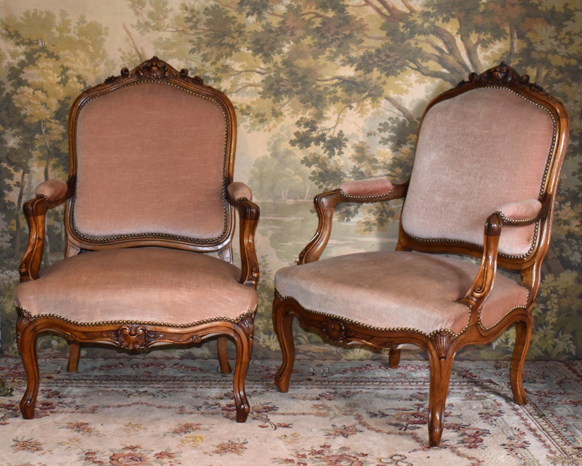 Paire De Fauteuils De Style Louis XV En Noyer Massif, XIX&egrave;me. Tissu Velours Vieux Rose.-photo-3