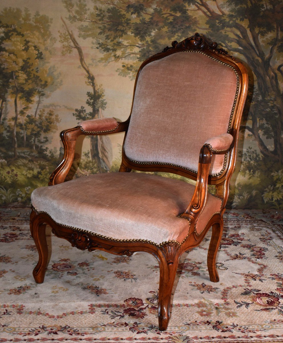 Paire De Fauteuils De Style Louis XV En Noyer Massif, XIX&egrave;me. Tissu Velours Vieux Rose.-photo-1