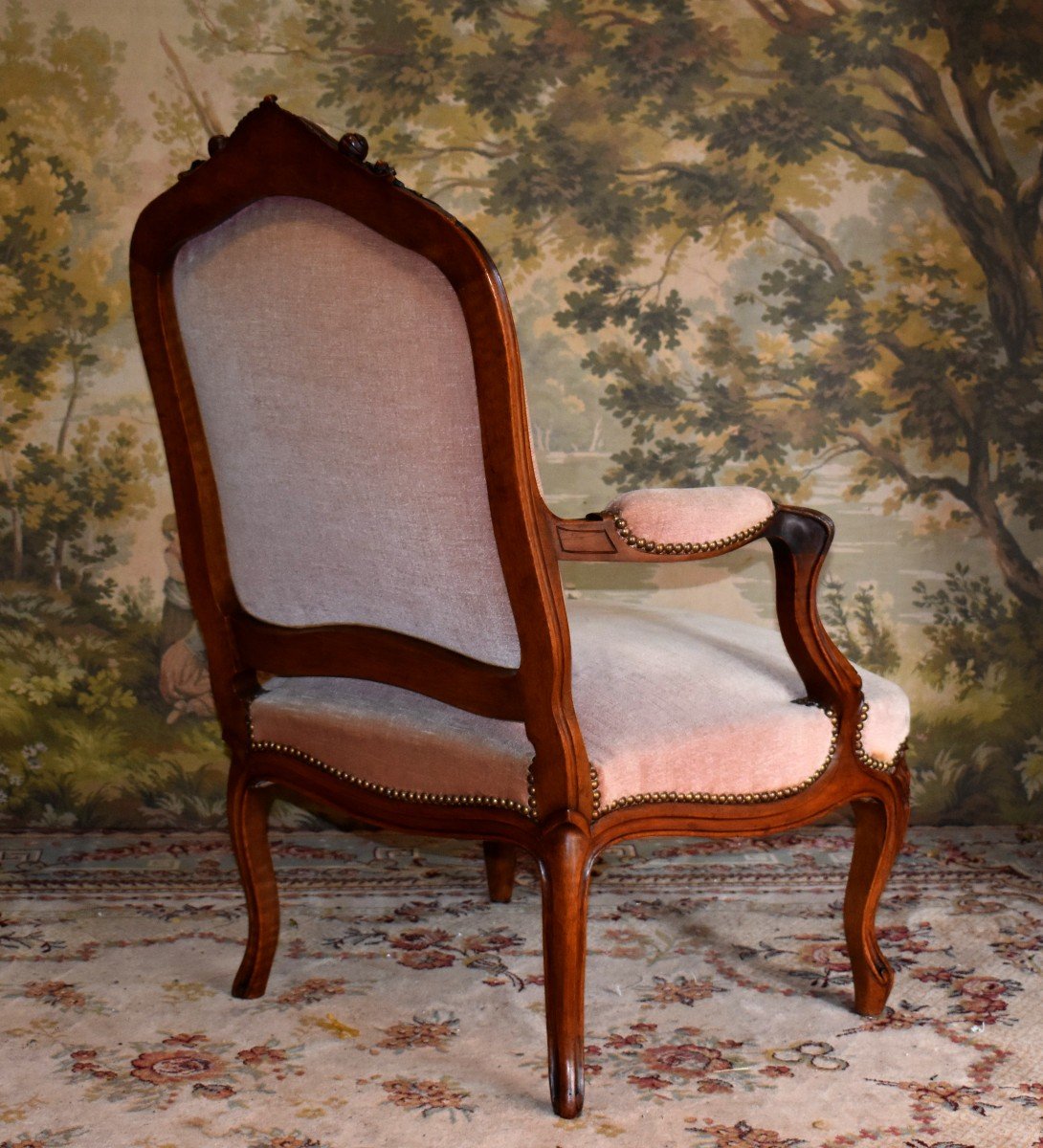 Pair Of Louis XV Style Armchairs In Solid Walnut, XIXth. Velvet Fabric Old Pink.-photo-2