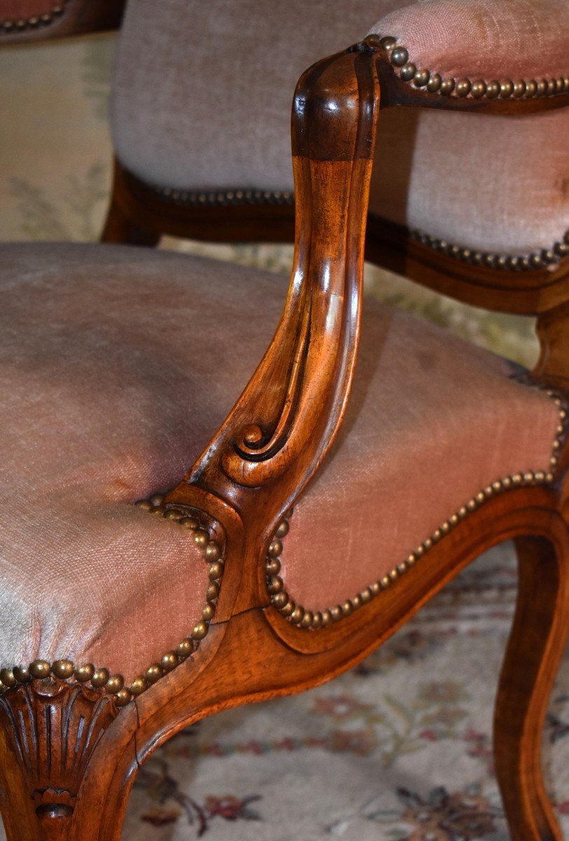 Paire De Fauteuils De Style Louis XV En Noyer Massif, XIX&egrave;me. Tissu Velours Vieux Rose.-photo-6