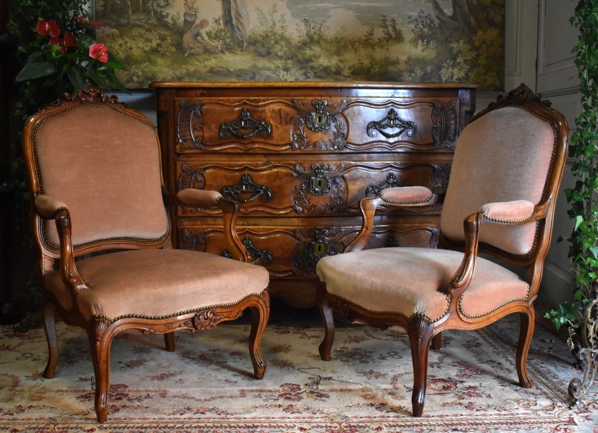 Pair Of Louis XV Style Armchairs In Solid Walnut, XIXth. Velvet Fabric Old Pink.