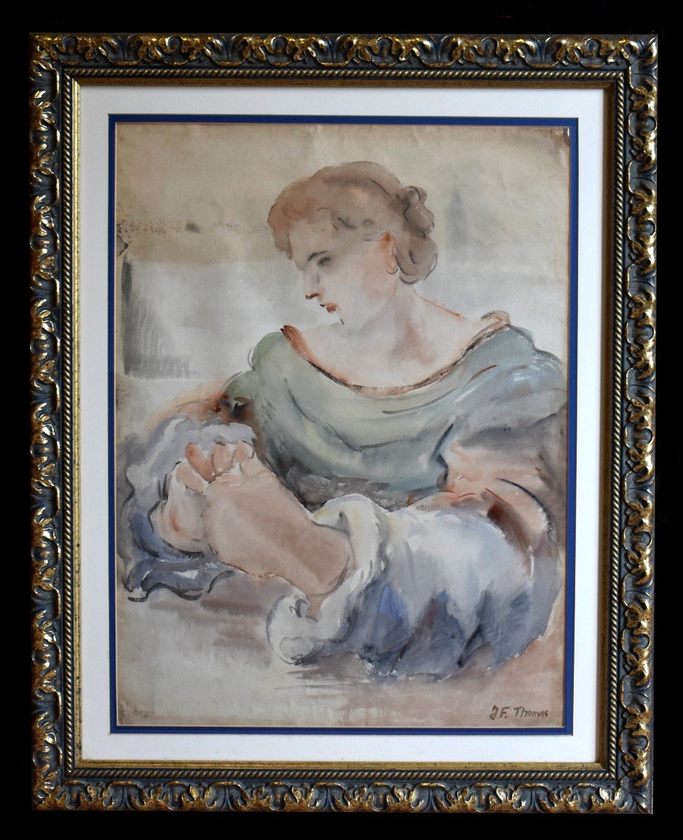 Jean François Thomas ( 1894-1939) portrait de femme intitulé "réflexion" grande aquarelle de 1935.-photo-2