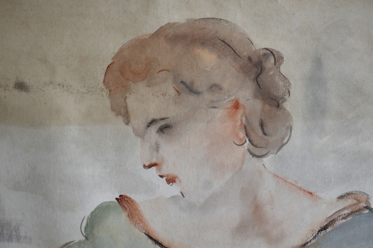 Jean François Thomas ( 1894-1939) portrait de femme intitulé "réflexion" grande aquarelle de 1935.-photo-2