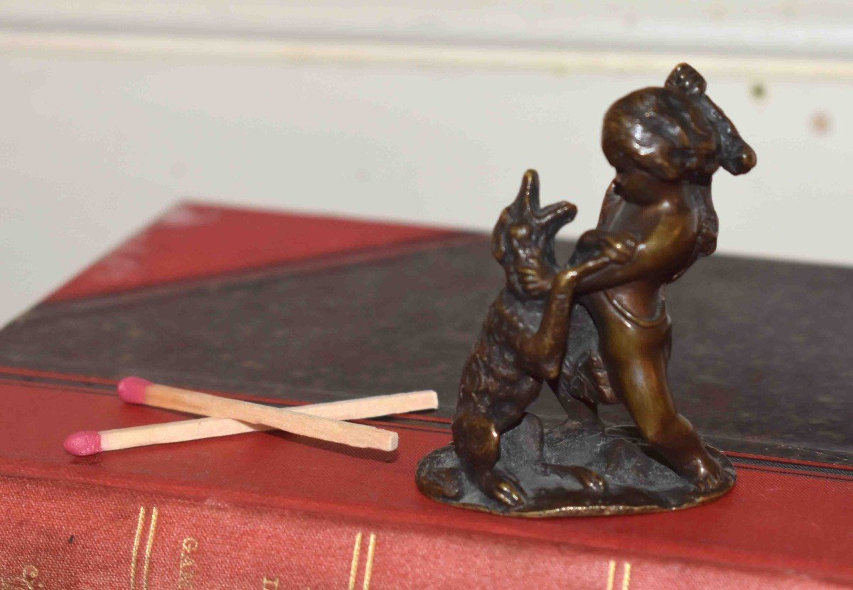 Figurine En Bronze, Statuette, Bronze Sculpture, Cherub And Canidae.-photo-3